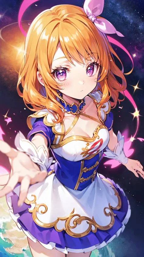 (( top quality, Hi-Res, perfect pixels, 16k)), anime style girls，one peple， orange hair， medium hair 、 pink eye（large1：2，beautiful detailed eyes）， Space in the background ， time warp towards Earth，I'm on a ，best photography，beautiful detailed hands