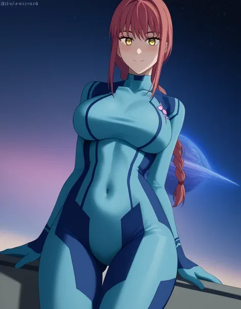 score 9 、score 8 up、score 7 up、source anime、masterpiece、Highest quality、High Resolution、high image quality、1woman、Makima、Makima、Alone、 red hair 、 yellow eyes、 long hair、bangs、braided ponytail hair、ringed eyes、Big Breasts、very large breasts、、Samus Aran cosp...