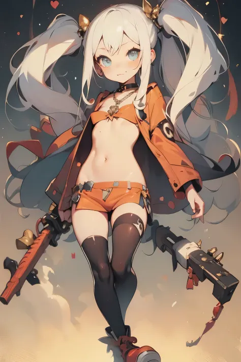 huge, twin tails,   Silver Hair, Low-rise short pants ,  vintage gothic, stop temporarily , cute,  high quality, necklaces, ring, bracelets with weapons, Earrings,smile ,   small ass,full body,