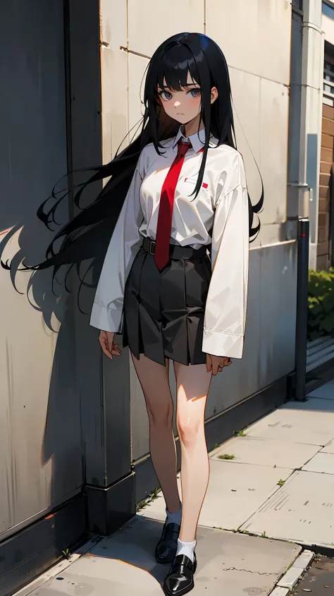 Young female standing on the sidewalk wearing a white long sleeved black collared shirt and red tie. He has long length wolfcut black  hair and the weather is sunny and bright. masterpiece quality , Detailed Generation, he holds a somber expression 