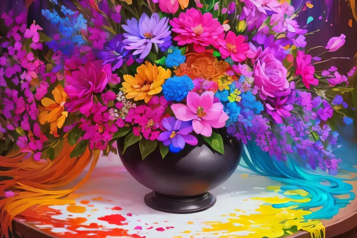 a painting of a rainbow colored flower arrangement with many different colors, magical colorful flowers, floral flowers colorful, bright colorful colors, colorful hd picure, vibrant and vivid color, vivid and vibrant colors, full of colour 8-w 1024, explos...