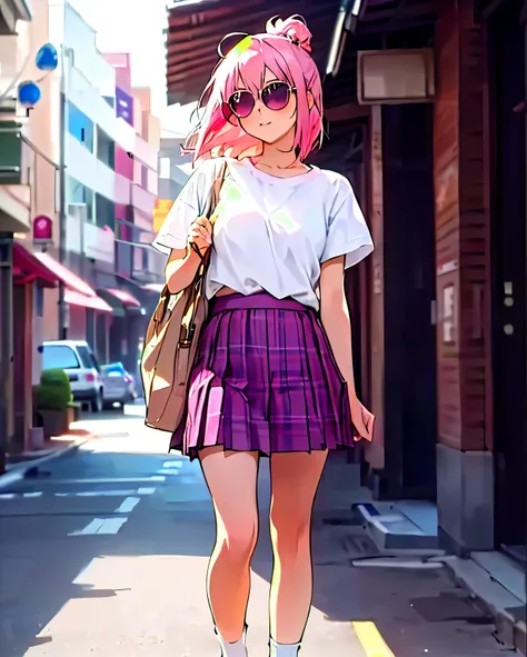 araffe girl with pink hair and sunglasses walking down a street, cute schoolgirl, anime girl in real life, japanese girl school uniform, japanese school uniform, wearing japanese school uniform, style anime, pink skirt, cute girl with short pink hair, plai...