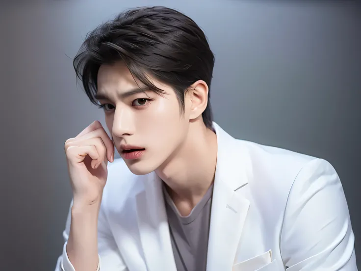 Open your mouth, , shock gesture, Bend over, look down, 20 year old man, Very handsome , Korean Series Stars, White skin, handsome, classic side part hairstyle, black background, masterpiece, best quality, Cool personality , a man, Detailed image, clear,...