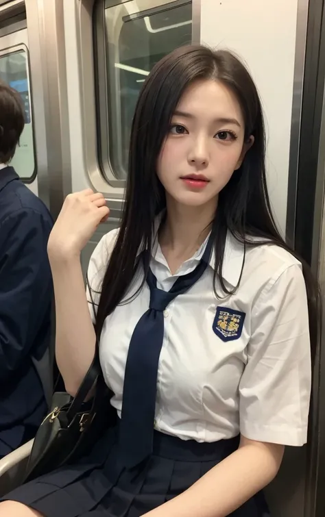 A woman in her fifties sitting on a subway train with her handbag, a  super realistic high school girl , sitting on a train, Japanese high school student's uniform, Japanese School Uniform,  cute high school girl , wearing Japanese School Uniform,  super r...