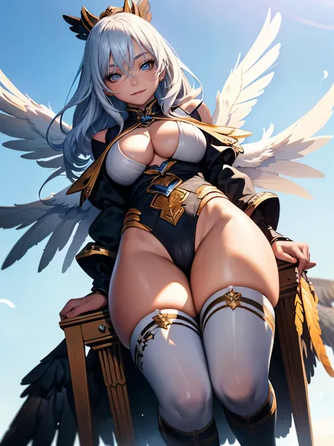 ((Seductive anime lady:1.3, solo:1.5))、((fusion of hawk and lady:1.4))、((full body:1.2))、((beautiful huge wings:1.5))、((Winged On the back:1.3))、((feather clothes:1.3))、((Open crotch:1.3))、((cleavage cutout:1.3))、((dynamic angle:1.2))、((Flying:1.5))、((blue...