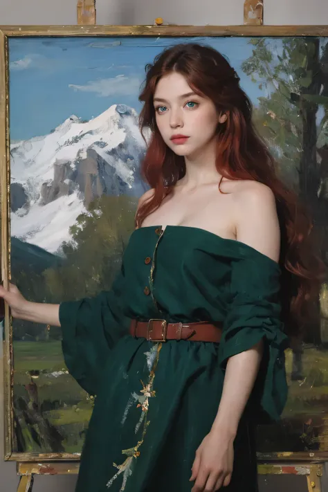 (oil painting:1.5),
\\
a woman with (red long curtly hair ), ((green eyes)) winter, mountain a field of  flowers, (amy sol:0.248), nude , with blue dress,  (stanley artgerm lau:0.106), (a detailed painting:0.353), (gothic art:0.106)