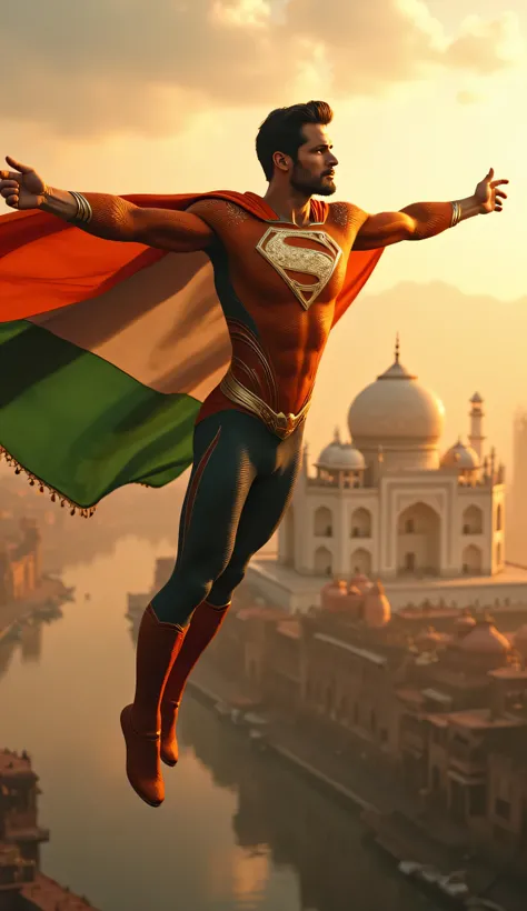 Create a photorealistic Superman soaring above India, his suit inspired by the national flag: saffron-orange (top) with intricate henna-like paisley patterns, pristine white (center) adorned with a 3D golden Ashoka Chakra (24-spoke wheel) emblem, and deep ...