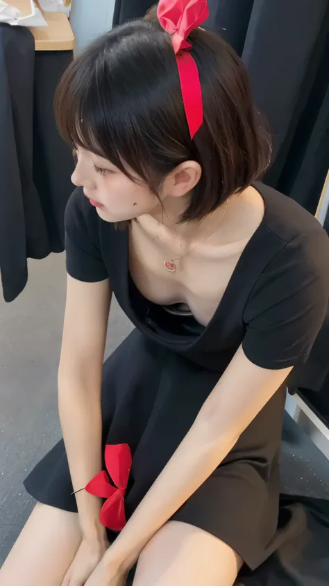  take off the blouse ,   female student , thoracic,(((small breasts))),flat chest , looks away,  bend body  , from above , I love black dresses, close, necklaces , Coming to , detail bra overlap t-shirt,  medium hair,8k, Highest quality, masterpiece,  Ultr...