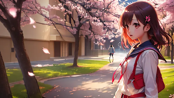 An anime girl in uniform is standing under a tree with cherry blossoms blooming, anime style 4k,  anime wallpaper 4k , anime wallpaper 4k, 4k anime wallpaper, Official Artwork,  anime art wallpaper 4k ,  Anime Art Wallpaper 4K, 4k Manga Wallpaper , cute gi...