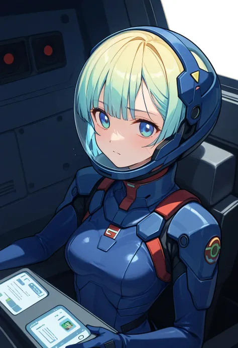 ((Holographic Glow Effect))、 Gundam Wing Cockpit, Lantern、masterpiece、Highest quality、1 person、medium bust、((Album Cover))、Light on Face、slender body、white and blue pilot suit with enamel finish、 elbow length gloves 、long hard boots 、exoskeleton、Metal G...
