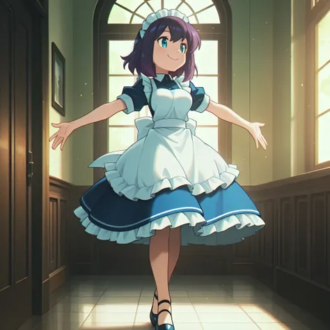 masterpiece, best quality, amazing quality, anime screencap. 1girl, solo, apron, purple hair, maid, blue eyes, short hair, maid headdress, dress, smile, short sleeves, maid apron, white apron, blue dress, personification, medium breasts,full body,beutiful ...