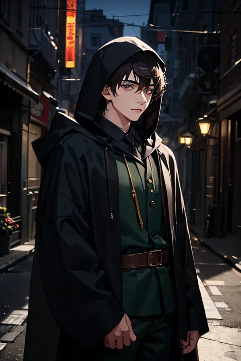 19-year-old man, wears a black wadded hood, wears a green robe, Snipers ,  Quiet , doesn't talk much, eyeball color green