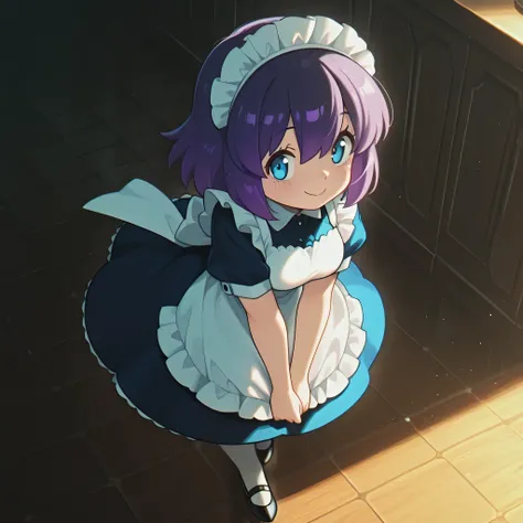 masterpiece, best quality, amazing quality, anime screencap. 1girl, solo, apron, purple hair, maid, blue eyes, short hair, maid headdress, dress, smile, short sleeves, maid apron, white apron, blue dress, personification, medium breasts,full body