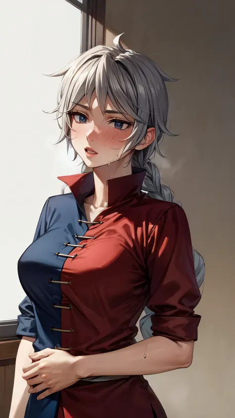 (Ultra High Quality,Ultra High Definition,16k,super masterpiece,Ultra HD , detailed shading and background,) one woman,Long silver hair, braids, Chest Valley, nurse cap , sweaty,blush,Thick lips,Old medical room,