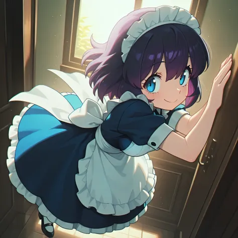 masterpiece, best quality, amazing quality, anime screencap. 1girl, solo, apron, purple hair, maid, blue eyes, short hair, maid headdress, dress, smile, short sleeves, maid apron, white apron, blue dress, personification, medium breasts,full body