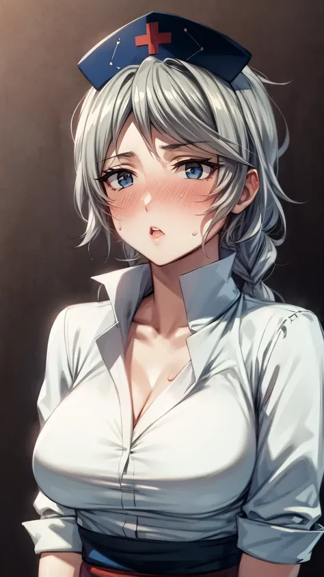 （Ultra High Quality,Ultra High Definition,16k,super masterpiece,Ultra HD , detailed shading and background,） one woman,Long silver hair, braids, Chest Valley, nurse cap , sweaty,blush,Thick lips,Old medical room,