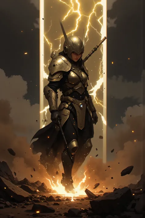 A Hero Landing、 Hero Landing、 samurai、 Suetsu、A cybernetic female cosmic  samurai、[Hero's Landing]: A mighty hero descends from the stormy sky, landing with a thunderous impact. [Golden light radiates from their metal armor], [lightning arcs through storm ...