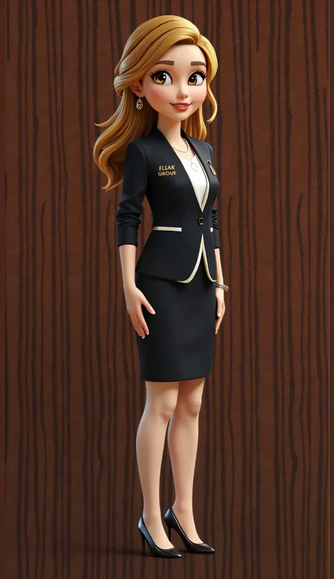 "Create a highly detailed, photorealistic image of a professional businesswoman standing against a wooden-textured background. She has long, wavy blonde hair, expressive eyes, and a confident smile. She is dressed in a fitted black blazer with a white inne...