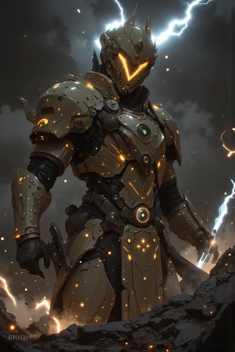 A Hero Landing、 Hero Landing、 samurai、 Suetsu、A cybernetic female cosmic  samurai、[Hero's Landing]: A mighty hero descends from the stormy sky, landing with a thunderous impact. [Golden light radiates from their metal armor], [lightning arcs through storm ...