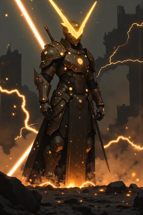 A Hero Landing、 Hero Landing、 samurai、 Suetsu、A cybernetic female cosmic  samurai、[Hero's Landing]: A mighty hero descends from the stormy sky, landing with a thunderous impact. [Golden light radiates from their metal armor], [lightning arcs through storm ...