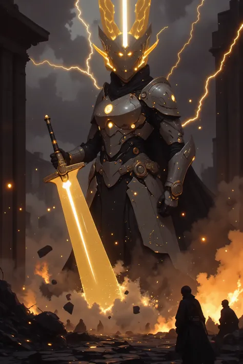 A Hero Landing、 Hero Landing、 samurai、 Suetsu、A cybernetic female cosmic  samurai、[Hero's Landing]: A mighty hero descends from the stormy sky, landing with a thunderous impact. [Golden light radiates from their metal armor], [lightning arcs through storm ...