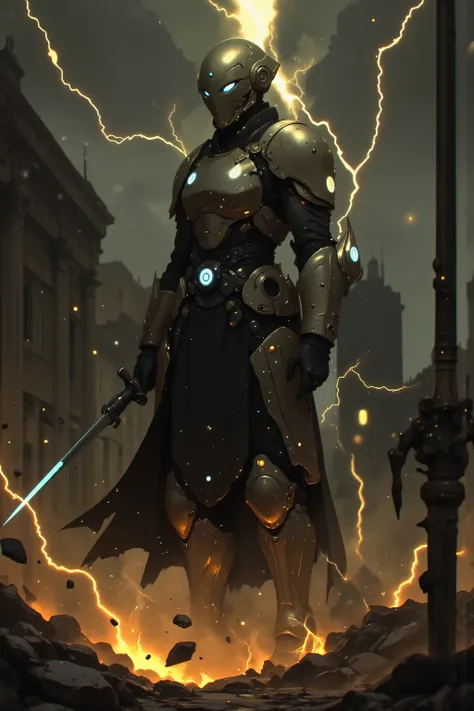 A Hero Landing、 Hero Landing、 samurai、 Suetsu、A cybernetic female cosmic  samurai、[Hero's Landing]: A mighty hero descends from the stormy sky, landing with a thunderous impact. [Golden light radiates from their metal armor], [lightning arcs through storm ...