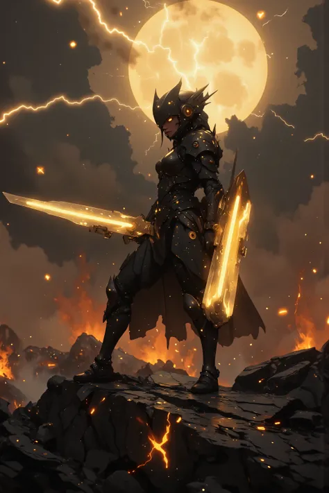  samurai、 Suetsu、A cybernetic female cosmic  samurai、[Hero's Landing]: A mighty hero descends from the stormy sky, landing with a thunderous impact. [Golden light radiates from their metal armor], [lightning arcs through storm clouds above], creating [dyna...