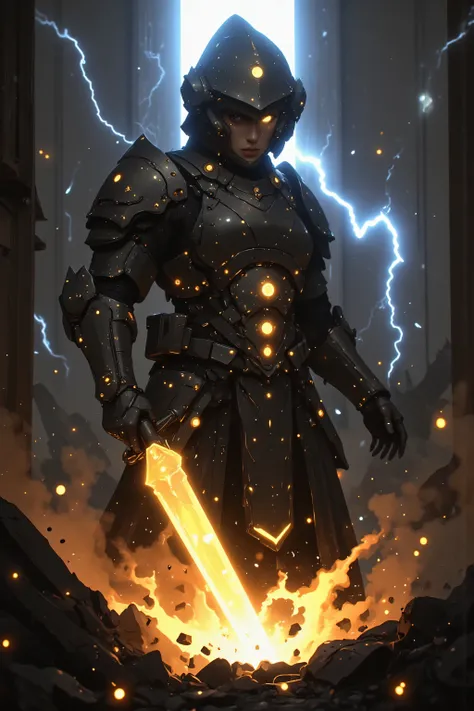  samurai、 Suetsu、A cybernetic female cosmic  samurai、[Hero's Landing]: A mighty hero descends from the stormy sky, landing with a thunderous impact. [Golden light radiates from their metal armor], [lightning arcs through storm clouds above], creating [dyna...