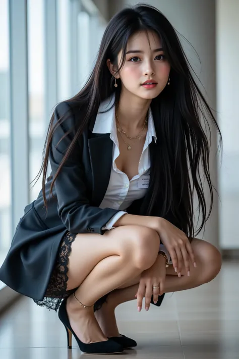 Highest quality, Sleek long black hair , long dark haired professional office lady, dynamic squat pose, detailed eye and skin texture, STUDIO LIGHTING, 30 years old,  dark eyes, Elegant, Medium Breast,  plump lips, earrings, necklaces, Charcoal Tight Suit ...