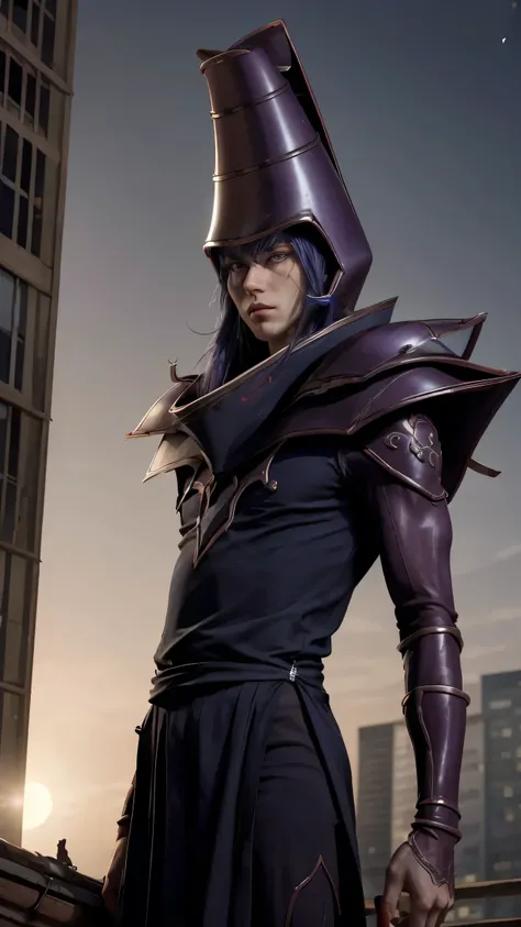 ygodm, 1man, armor, robe, helmet, purple hair, blue eyes, standing, rooftop, skyscraper, from below, silhouette, against the light, night, bloodmoon, from a distance ,