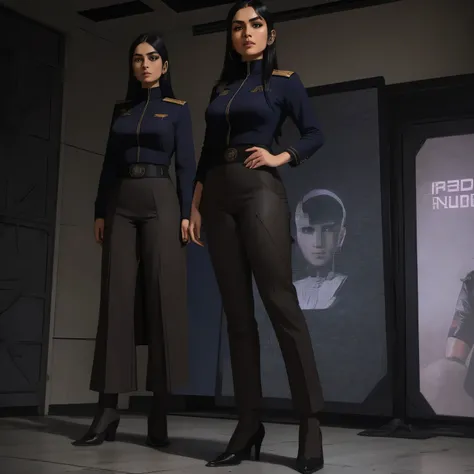 full body, mature Indian woman, Standing on a stage giving presentation, (long black hair), cyberpunk, sci-fi, masterpiece, (detailed face) (wearing navy officer uniform and pants)(very profesional)