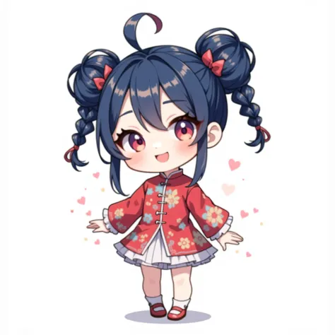 ( chibi:1.4), chibi character, chibi style, toe, (cwhite background:1.4),full body,masterpiece, high quality, 4K, HDR,, A girl with frills, anime style, with a cheerful smile、simple background、red china clothes、China、 bun hair, double braids, Navy blue h...