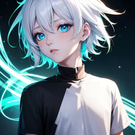 Anime boy, white hair with neon color lights around the hair, blue eyes with a tint of emerald green, eye colors are glowing, in white t-shirt with, the word Neon in the chest with green blue colors, black background or space like background