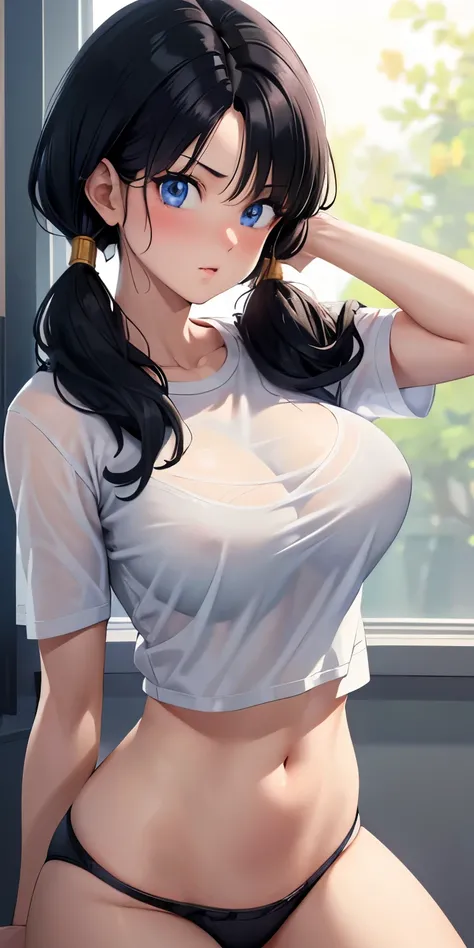 1 Female,High definition,high resolution,Ultra-realistic,8K, videl2, solo, blue eyes, black hair, twintails,European,sexy,Upper body close-up,Photographed from the front,Dynamic Angles,private teacher,A little sheer underwear,Red underwear,blush, huge ,ful...