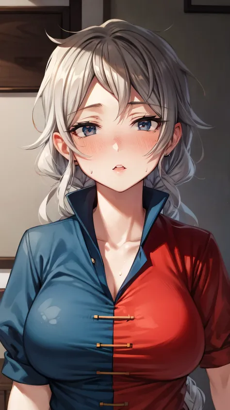 （Ultra High Quality,Ultra High Definition,16k,super masterpiece,Ultra HD , detailed shading and background,） one woman,Long silver hair, braids, Chest Valley, nurse cap , sweaty,blush,Thick lips,Old medical room,