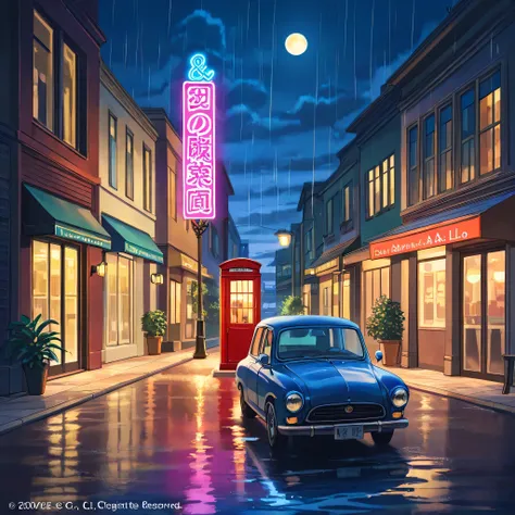 Create a Lo-Fi scene of a city in the 90s, in a 16 format:9, that transmits a nostalgic and relaxing atmosphere. The scene shows an urban street at night, with low buildings and colored neon signs (me shades of pink, blue e verde) reflecting in the pools o...