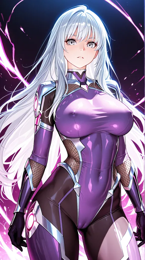 woman、 Silver Hair、long hair、Purple Taimanin Suit、 bite、Silver Eyes、masterpiece、Highest quality、 uncensored、 fish、Spread