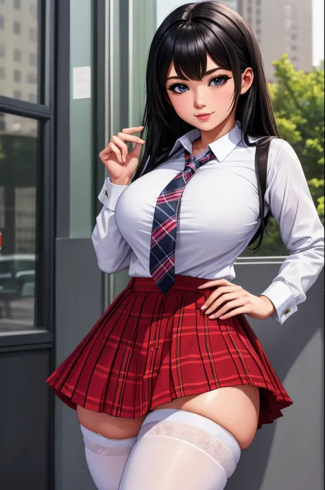 25 year old woman, cosplay, school girl, white stockings, plaid skirt, white shirt, tie, black hair