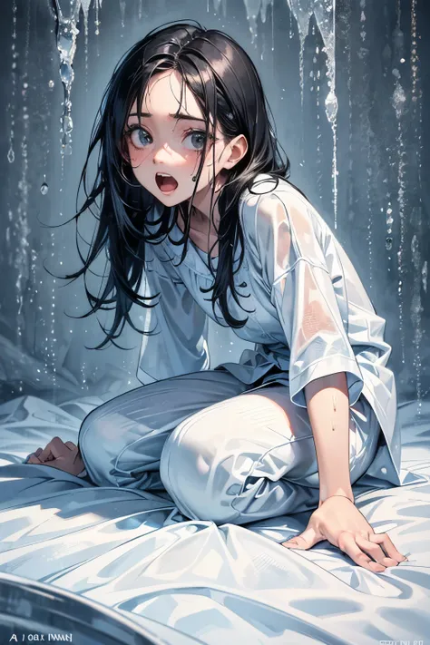 (best quality,4k,high resolution,masterpiece:1.2), In a frozen room, a 15-years-old girl woke up, sitting on the bed, looking her hand, sweating, being shocked,being very scared, being surprised, a photorealistic cute girl with long black hair, wearing whi...