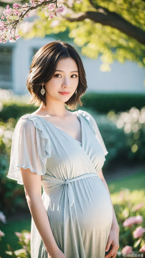 masterpiece, Best Quality, 8K,looking at the viewer, Chinese Lady,20 years old, huge pregnant, Voluptuous, crop top jacket , wrap dress, short length hair, full body image