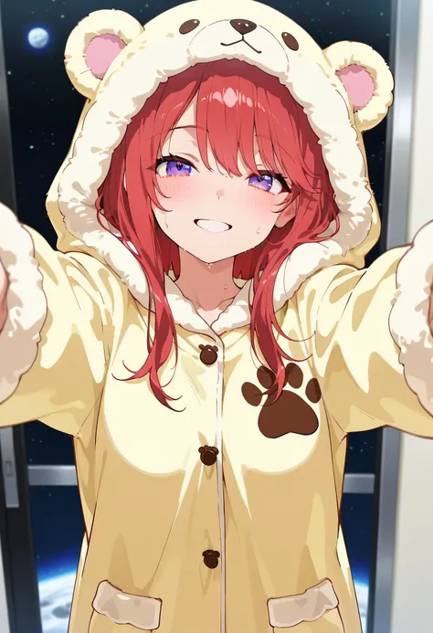 748cmstyle, masterpiece, best quality, amazing quality, anime screencap, cheerful woman wearing bear-themed pajamas, smiling warmly. She has a large chest and is sweating slightly, giving a sense of warmth or excitement. Her pajamas are soft and fluffy, wi...