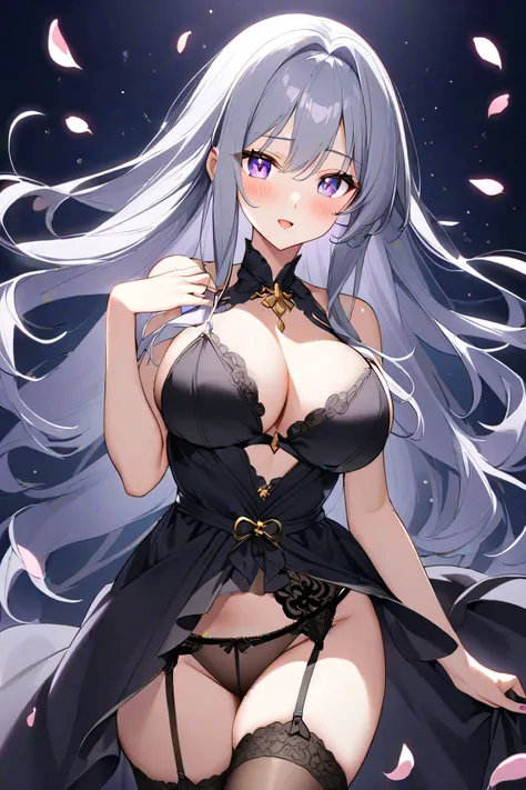 28 year old beautiful girl、long hair。
 characters are anime designs 。
 hair is silver。
Eye color is gold 。
The figure is glamorous 。Big bust 。
has an ecstatic expression with estrus。
Wear a black nightdress, garter belt, and stockings。
with petals scattere...