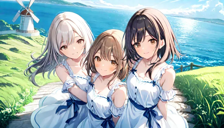 (( masterpiece , Top Quality , dynamic angle ))、((( 3 girls , smile , silver hair , black hair , brown hair )))、( detailed face 、on the hill 、One white windmill:1.2)、( sea )