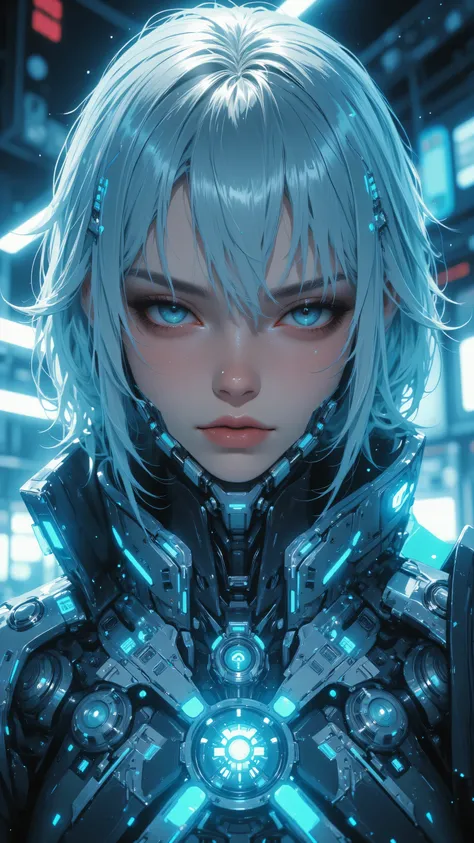 8k, Masterpiece, Top Quality, Close-up, frontal viewpoint. Short, light blue hair.  Icy blue eyes. Pale skin. Delicate, androgynous features. Stoic expression. High-tech, form-fitting suit.  Glowing blue circuitry details.  Blurred background. Futuristic e...