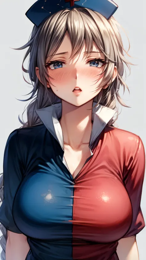 （Ultra High Quality,Ultra High Definition,16k,super masterpiece,Ultra HD , detailed shading and background,） one woman,Long silver hair, braids, Chest Valley, nurse cap , sweaty,blush,Thick lips,Old medical room,