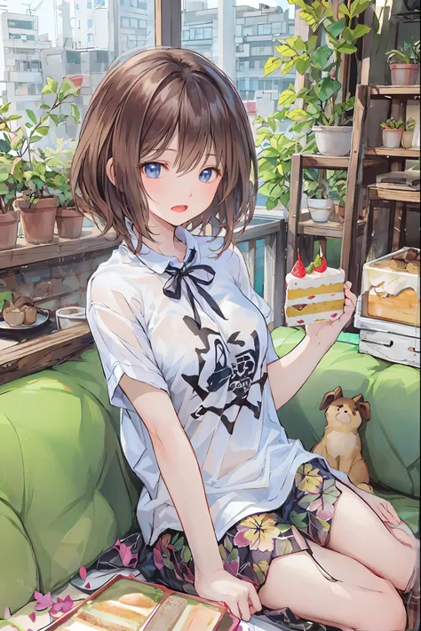  beautiful illustrations , Highest quality, cute girl, Cafe, is sitting, perfection,  cake, (A heart that can talk ), happy, open your mouth, Close your eyes,  casual clothes, clavicle, long hair,   black hair