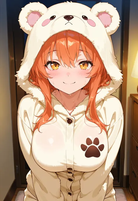 748cmstyle, masterpiece, best quality, amazing quality, anime screencap, girl, bear pajamas, smile, large breasts, sweating, cute, fluffy, hood with bear ears, paw print, warm atmosphere, indoors, cozy room, soft lighting