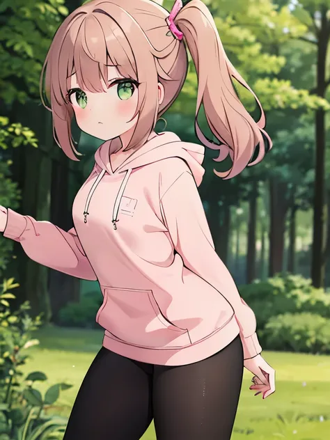 1girl, 23 yro, cowboyshot, dusty rose brown hair, side ponytail, hazel green eyes, tired distant-looking eyes, pink hoodie, white top, black spendex leggings with patterned accents, standing in nature, leg action, cute, absurdres, high res, ultrasharp, 8K,...