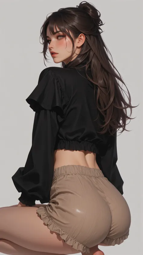 8k, Masterpiece, Top Quality, Three-quarter view, woman, light skin, dark brown hair, half-updo, black, long-sleeved, cropped top, taupe, ribbed shorts, ruffled hem, high-waisted, light-grey, background, seated, knees bent, feet tucked, gaze over shoulder....