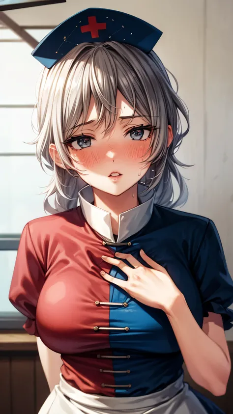 (Ultra High Quality,Ultra High Definition,16k,super masterpiece,Ultra HD , detailed shading and background,) one woman,Long silver hair, braids, Chest Valley, nurse cap , sweaty,blush,Thick lips,Old medical room,